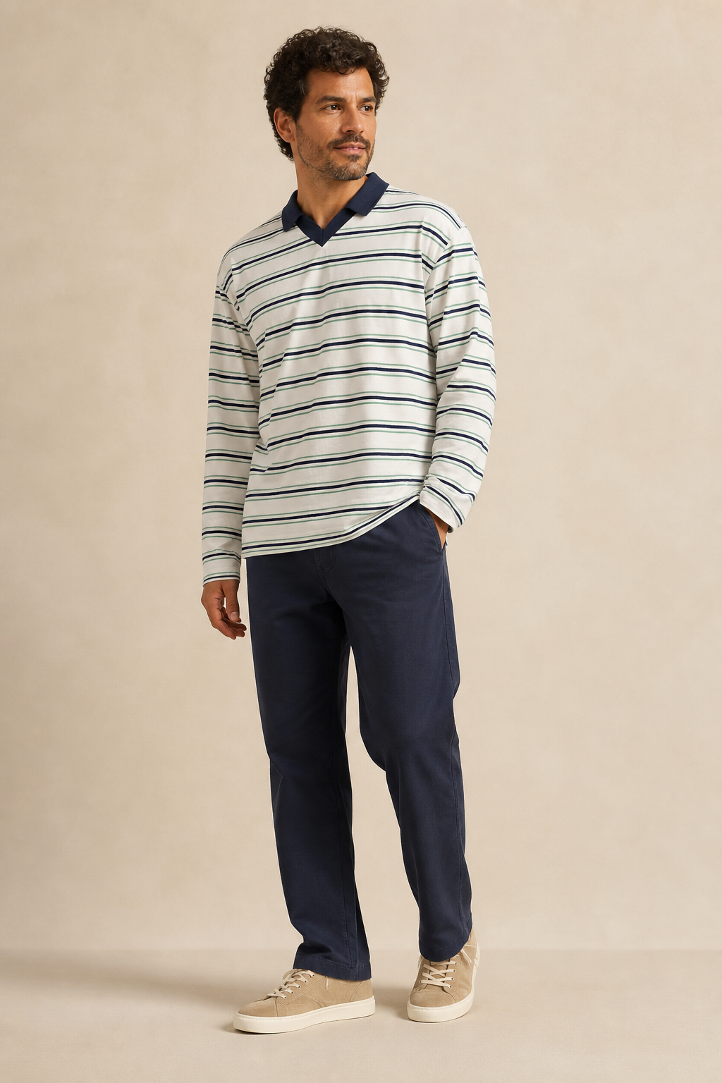 Camiseta Masculina Manga Longa Listrada Gola Polo